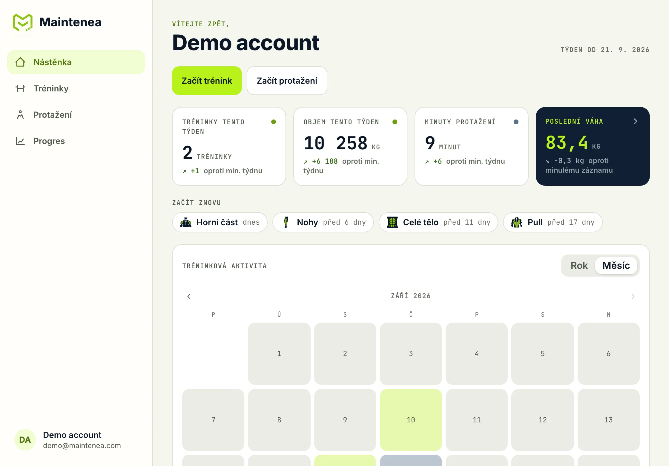 Aplikace Maintenea, obrazovka Dashboard, s ukázkovými daty